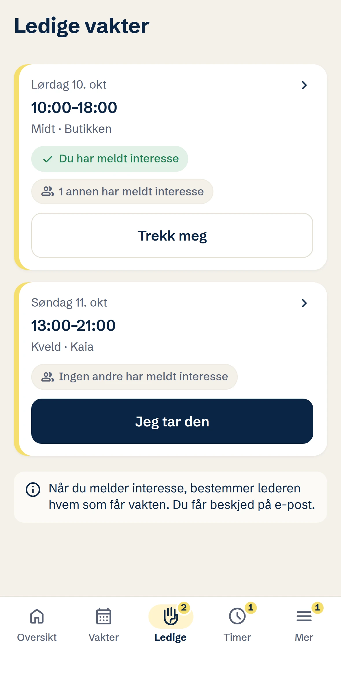 Ledige vakter på mobilen, med «Jeg tar den»