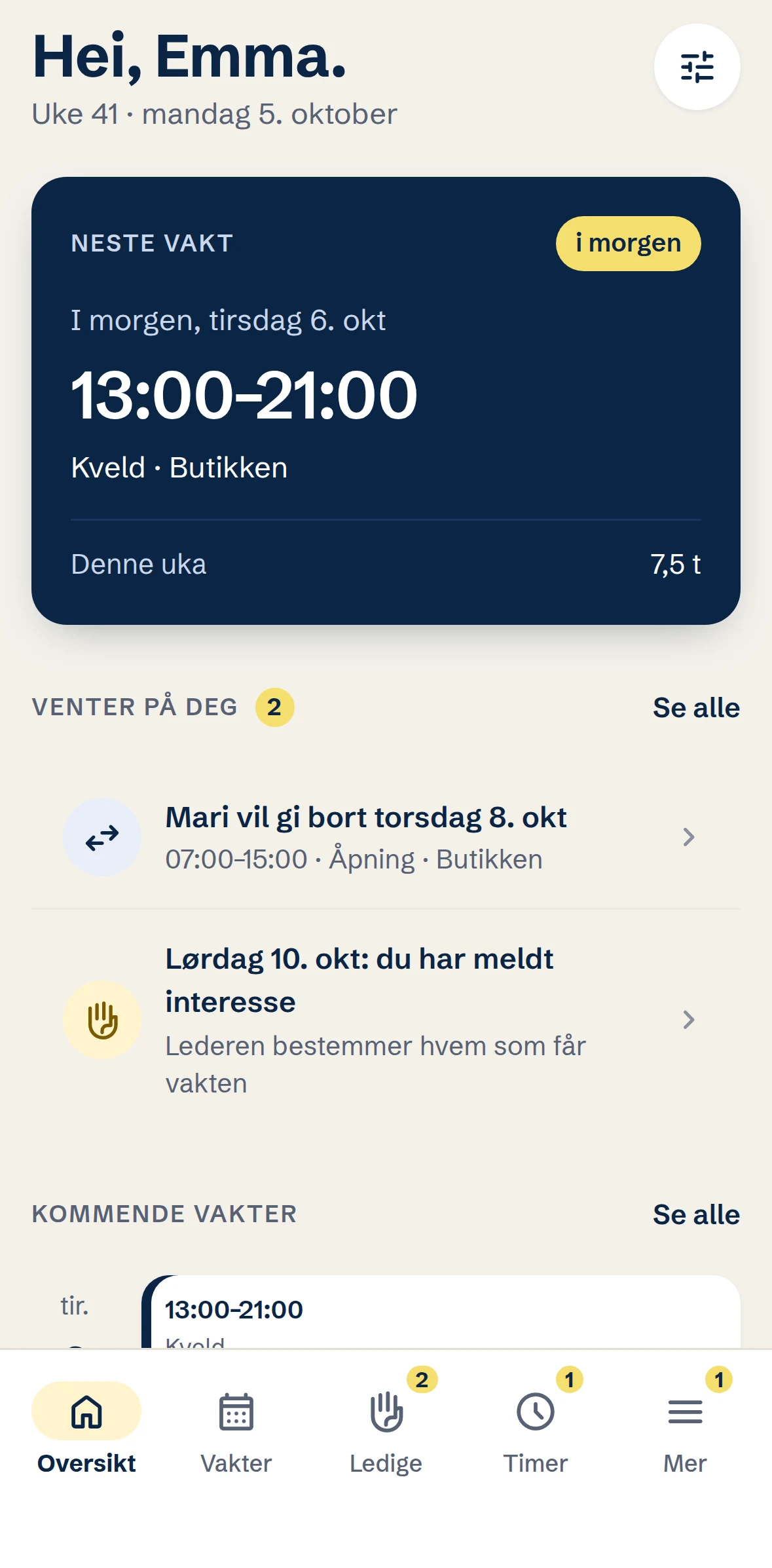 Den ansattes forside med neste vakt
